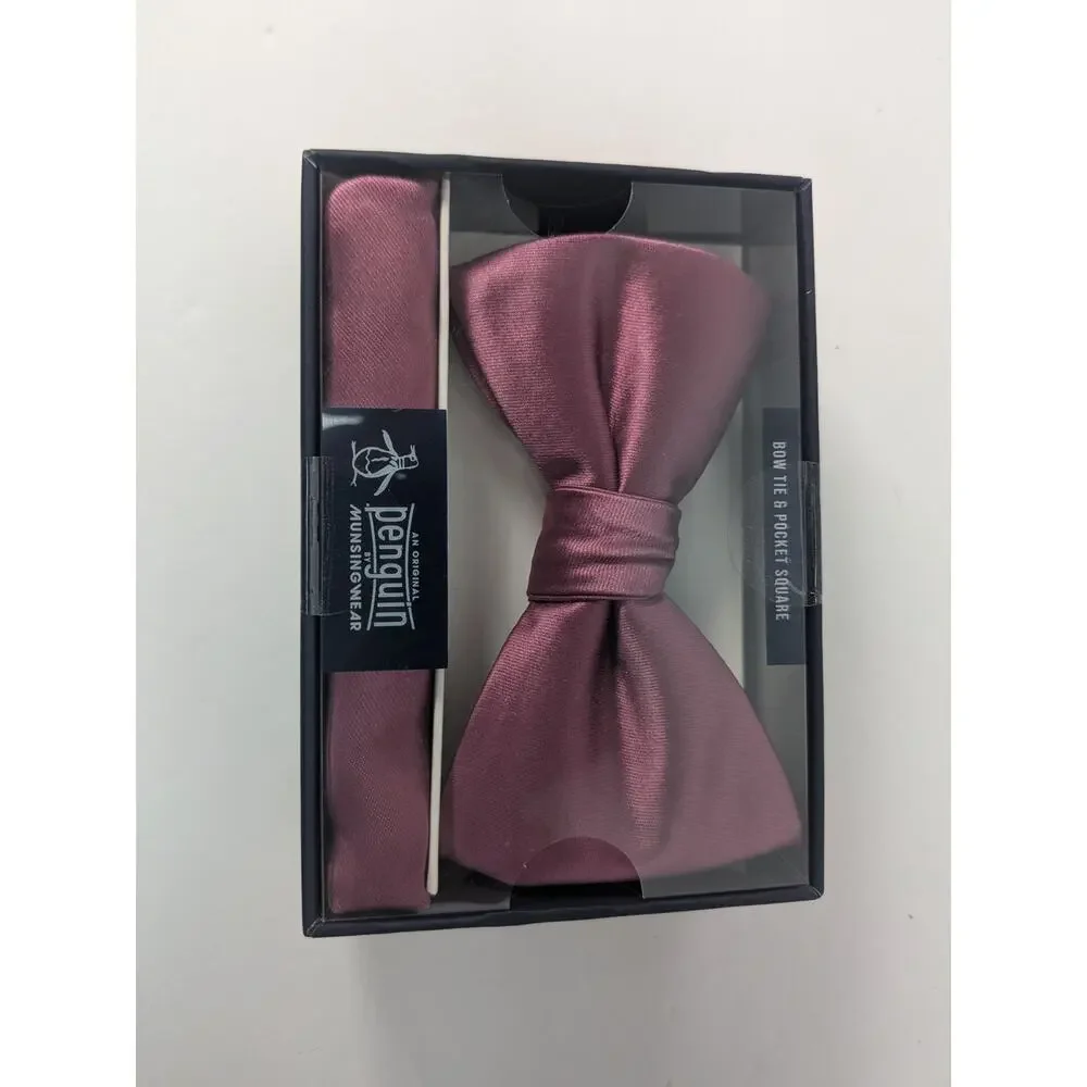 Original Penguin Bow Tie & Pocket Square‎ Set Choice of White or Plum / Eggplant